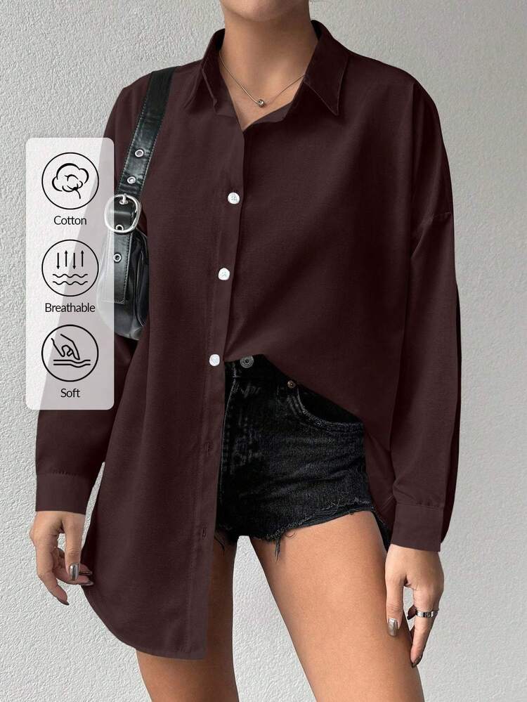 Cotton Women's Drop Shoulder Long Sleeve Solid Color Basic Shirt - Brown - View 5
