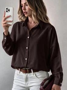 Cotton Women's Drop Shoulder Long Sleeve Solid Color Basic Shirt - Brown - View 6