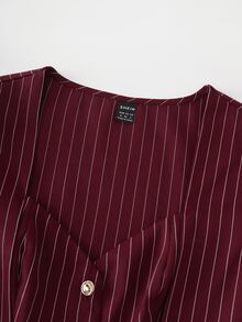 Balvessa Fashionable Elegant Commuter Burgundy Striped Square Neck Cinched Waist A-Line Top & Blazer Pants 2 Pieces Set - Burgundy - View 6