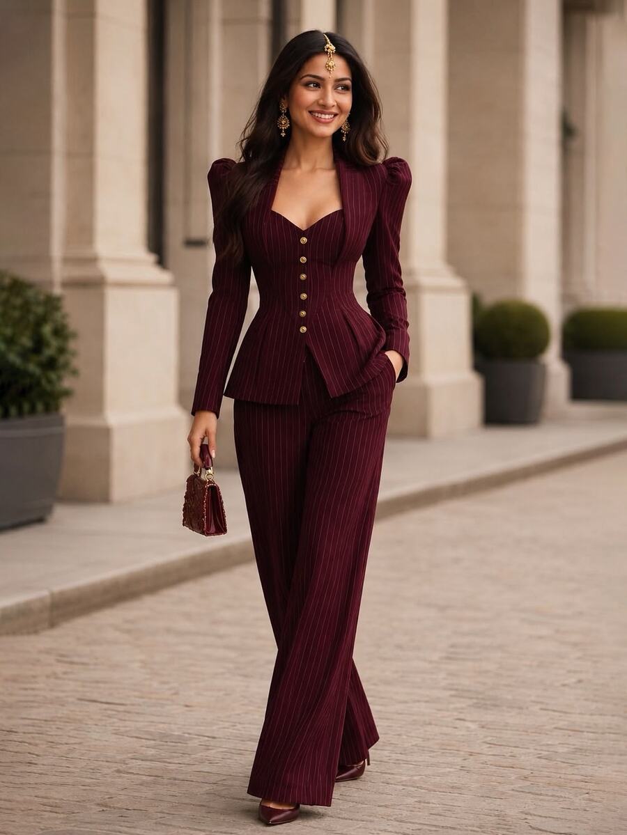 Balvessa Fashionable Elegant Commuter Burgundy Striped Square Neck Cinched Waist A-Line Top & Blazer Pants 2 Pieces Set - Burgundy - View 1