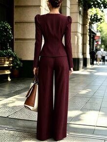 Balvessa Fashionable Elegant Commuter Burgundy Striped Square Neck Cinched Waist A-Line Top & Blazer Pants 2 Pieces Set - Burgundy - View 2