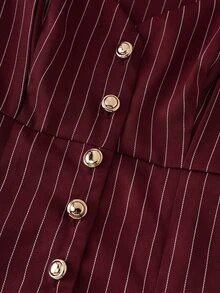 Balvessa Fashionable Elegant Commuter Burgundy Striped Square Neck Cinched Waist A-Line Top & Blazer Pants 2 Pieces Set - Burgundy - View 7