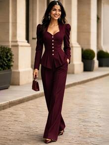 Balvessa Fashionable Elegant Commuter Burgundy Striped Square Neck Cinched Waist A-Line Top & Blazer Pants 2 Pieces Set - Burgundy - View 5