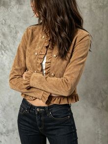 SHEIN Maillard Brown Faux Suede Double-Breasted Metal Button Cropped Jacket, Slimming Versatile Commuter - Apricot - View 4