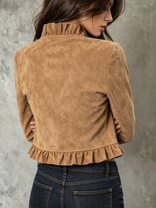 SHEIN Maillard Brown Faux Suede Double-Breasted Metal Button Cropped Jacket, Slimming Versatile Commuter - Apricot - View 3