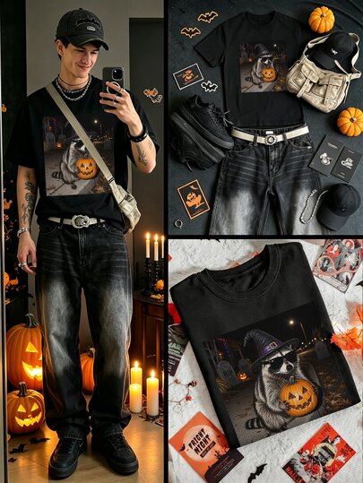 Resyla Men Kaos Lengan Pendek Halloween Bergambar Penyihir dan Rakun dengan Kacamata Hitam, Adegan Malam di Kuburan dan , Motif Hewan Lucu, Atasan Kasual Amerika Unisex, Desain Kontras yang Imut & Keren, Menyenangkan dan Penuh Suasana Tanpa Terasa Menekan atau Suram, Cocok untuk Pria dan Wanita, Sempurna untuk Pesta Halloween dan Pakaian Sehari-hari, Motif Hewan Kreatif untuk Gaya Pribadi yang Mudah