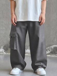 SHEIN 兒童青少年男孩休閒日常舒適工裝直筒寬鬆長褲，灰色工裝褲，新年，六七歲，適合外出、約會、上學，春夏秋冬四季皆宜 - 灰色 - 查看 2