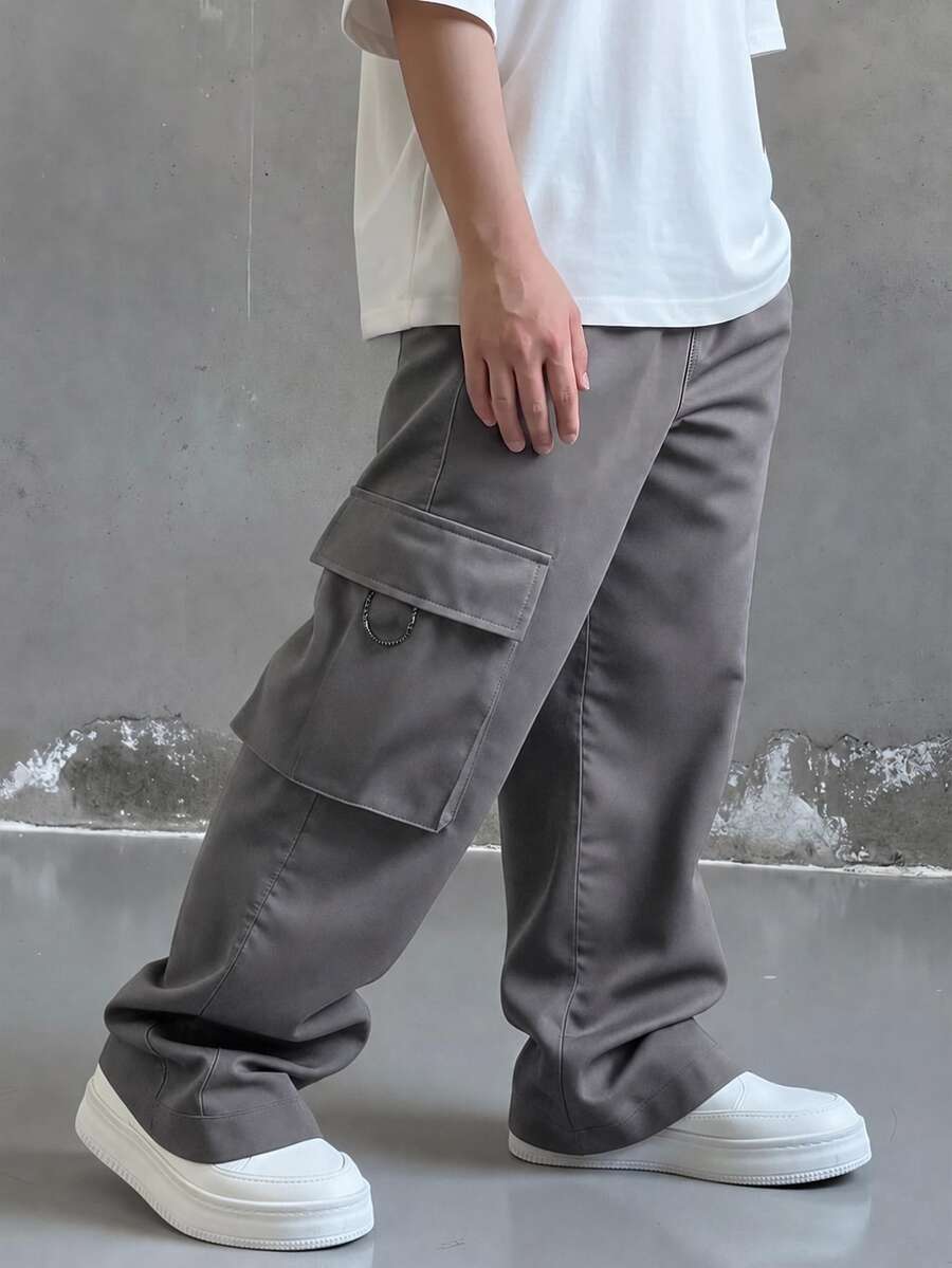 SHEIN 兒童青少年男孩休閒日常舒適工裝直筒寬鬆長褲,灰色工裝褲,新年,六七歲,適合外出、約會、上學,春夏秋冬四季皆宜 - 灰色 - 查看 1