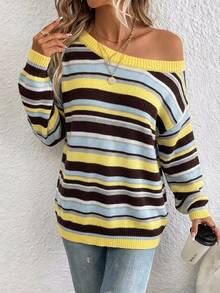 SHEIN LUNE كنزة نسائية كاجوال مخططة ملونة بكتف مكشوف، مناسبة لموسم العودة إلى المدرسة، خريف/شتاء - متعدد الألوان - مشاهدة 3