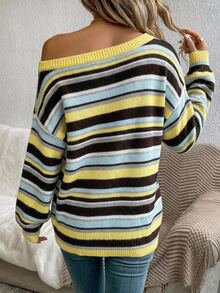 SHEIN LUNE كنزة نسائية كاجوال مخططة ملونة بكتف مكشوف، مناسبة لموسم العودة إلى المدرسة، خريف/شتاء - متعدد الألوان - مشاهدة 2