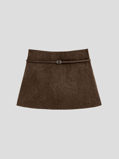 SHEIN EZwear Rok A-Line Chic Berbahan Suede Cokelat Vintage Prancis dengan Sabuk, Rok Wanita Gaya Minimalis Serbaguna Seksi untuk Musim Gugur/Dingin