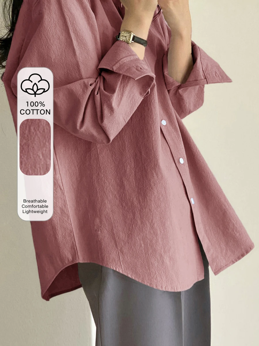 DAZY Ladies' Solid Color Front Button Casual Long Sleeve Shirt,Fall Clothes - Pink - View 1