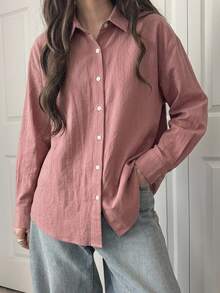 DAZY Ladies' Solid Color Front Button Casual Long Sleeve Shirt,Fall Clothes - Pink - View 7