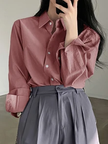 DAZY Ladies' Solid Color Front Button Casual Long Sleeve Shirt,Fall Clothes - Pink - View 4