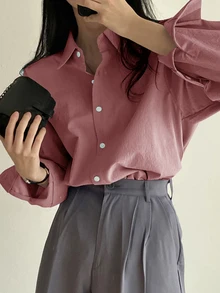 DAZY Ladies' Solid Color Front Button Casual Long Sleeve Shirt,Fall Clothes - Pink - View 8