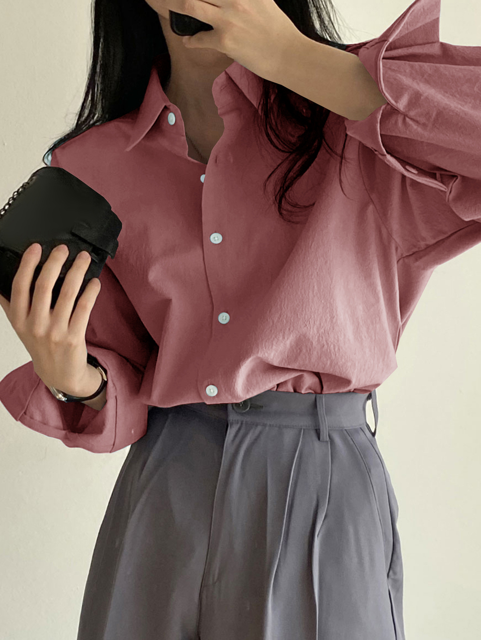 Ladies' Solid Color Front Button Casual Long Sleeve Shirt,Fall Clothes