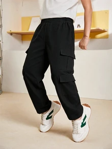 SHEIN 青少年男孩休閒鈕扣口袋工裝褲 3件套 - 黑色 - 查看 5