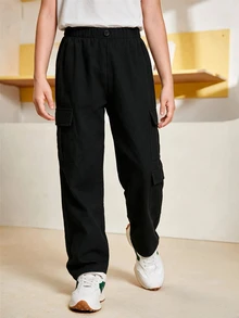 SHEIN 青少年男孩休閒鈕扣口袋工裝褲 3件套 - 黑色 - 查看 6