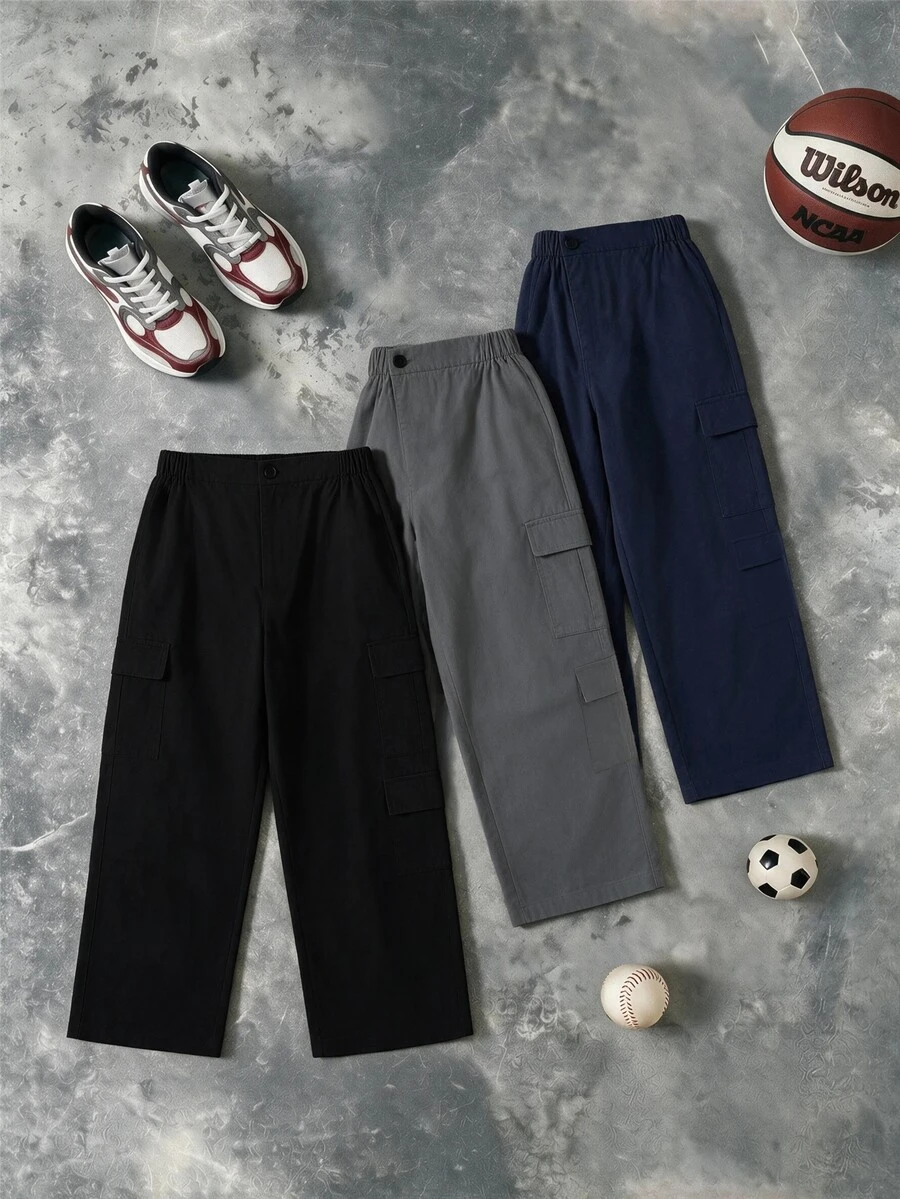 SHEIN Tween Boy Casual Button Pocket Cargo Pants 3 Pieces Set - Black - View 1