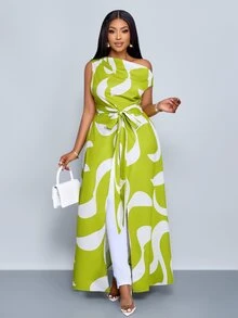 SOLERSUN Women's Plus Size Lime Green Summer Elegant Asymmetric Neckline Tie Front Slit Block Pattern Print Long Resort Shirt One Shoulder Evening - Green - View 3