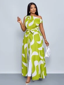 SOLERSUN Women's Plus Size Lime Green Summer Elegant Asymmetric Neckline Tie Front Slit Block Pattern Print Long Resort Shirt One Shoulder Evening - Green - View 5