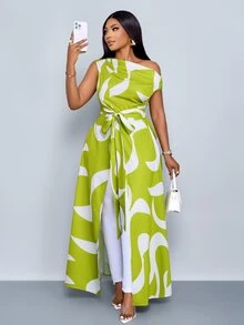 SOLERSUN Women's Plus Size Lime Green Summer Elegant Asymmetric Neckline Tie Front Slit Block Pattern Print Long Resort Shirt One Shoulder Evening - Green - View 4