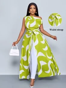 SOLERSUN Women's Plus Size Lime Green Summer Elegant Asymmetric Neckline Tie Front Slit Block Pattern Print Long Resort Shirt One Shoulder Evening - Green - View 1