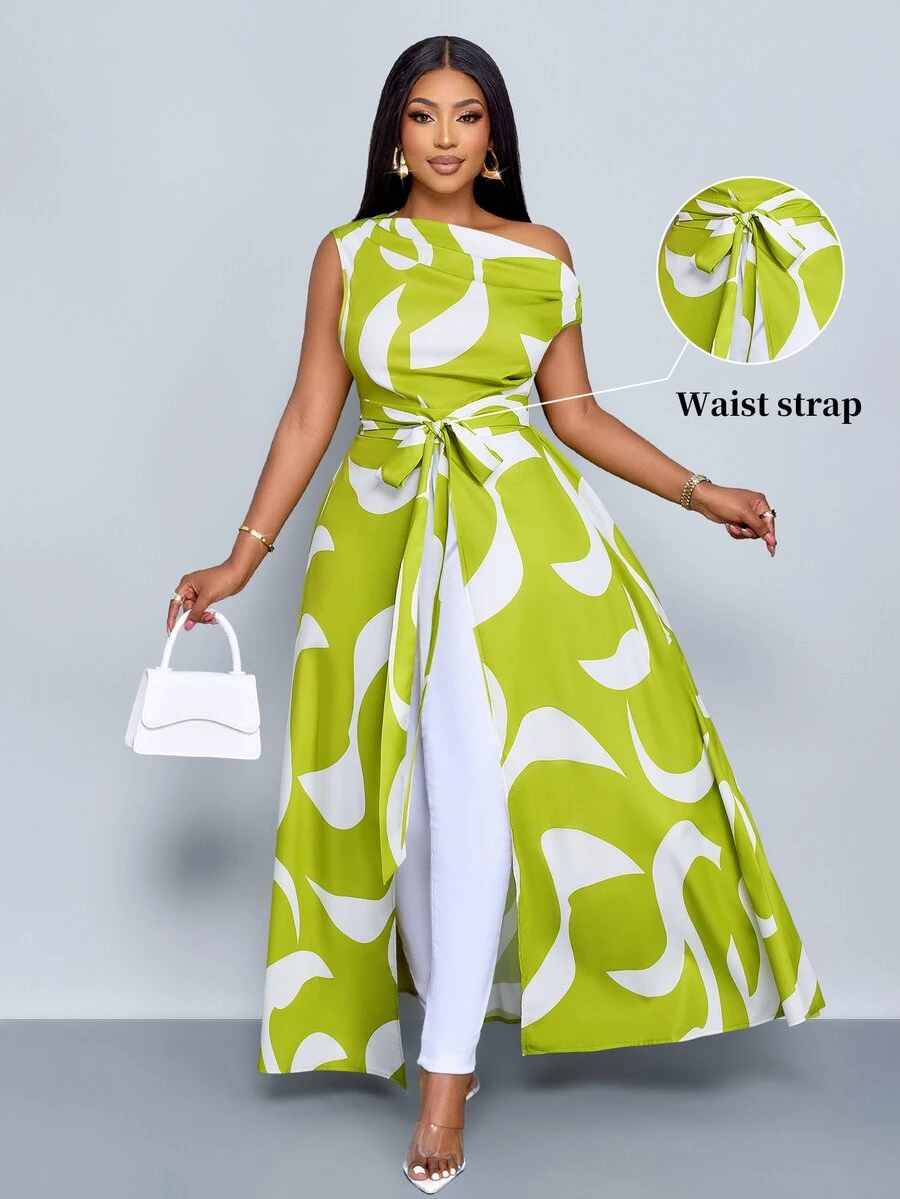 SOLERSUN Women's Plus Size Lime Green Summer Elegant Asymmetric Neckline Tie Front Slit Block Pattern Print Long Resort Shirt One Shoulder Evening - Green - View 1