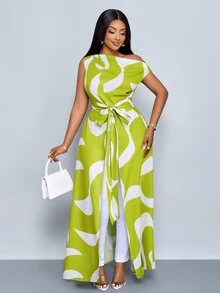 SOLERSUN Women's Plus Size Lime Green Summer Elegant Asymmetric Neckline Tie Front Slit Block Pattern Print Long Resort Shirt One Shoulder Evening - Green - View 6