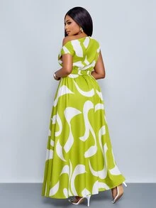 SOLERSUN Women's Plus Size Lime Green Summer Elegant Asymmetric Neckline Tie Front Slit Block Pattern Print Long Resort Shirt One Shoulder Evening - Green - View 2