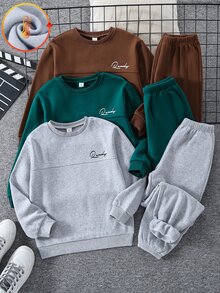 SHEIN 6件組 青少年男孩可愛秋冬休閒百搭純色字母印花長袖運動衫與慢跑褲套裝，基礎多件裝，中性嬰兒冬裝，聖誕 - 彩色 - 查看 4