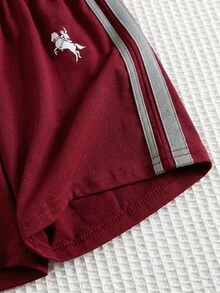 SHEIN Little Byeori 2件套男童休闲舒适百搭条纹缎带撞色圆领短袖T恤和纯色短裤套装 - 紅色 - 查看 8