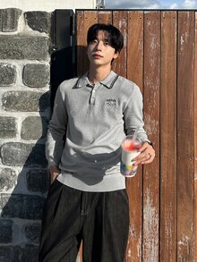 DAZY 灰色對比領 Polo 領提花下擺羅紋微鬆版型男士毛衣 - 灰色 - 查看 4