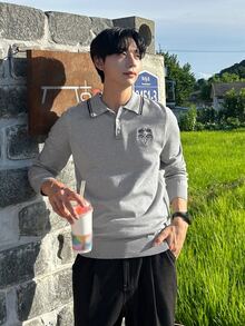 DAZY 灰色對比領 Polo 領提花下擺羅紋微鬆版型男士毛衣 - 灰色 - 查看 6