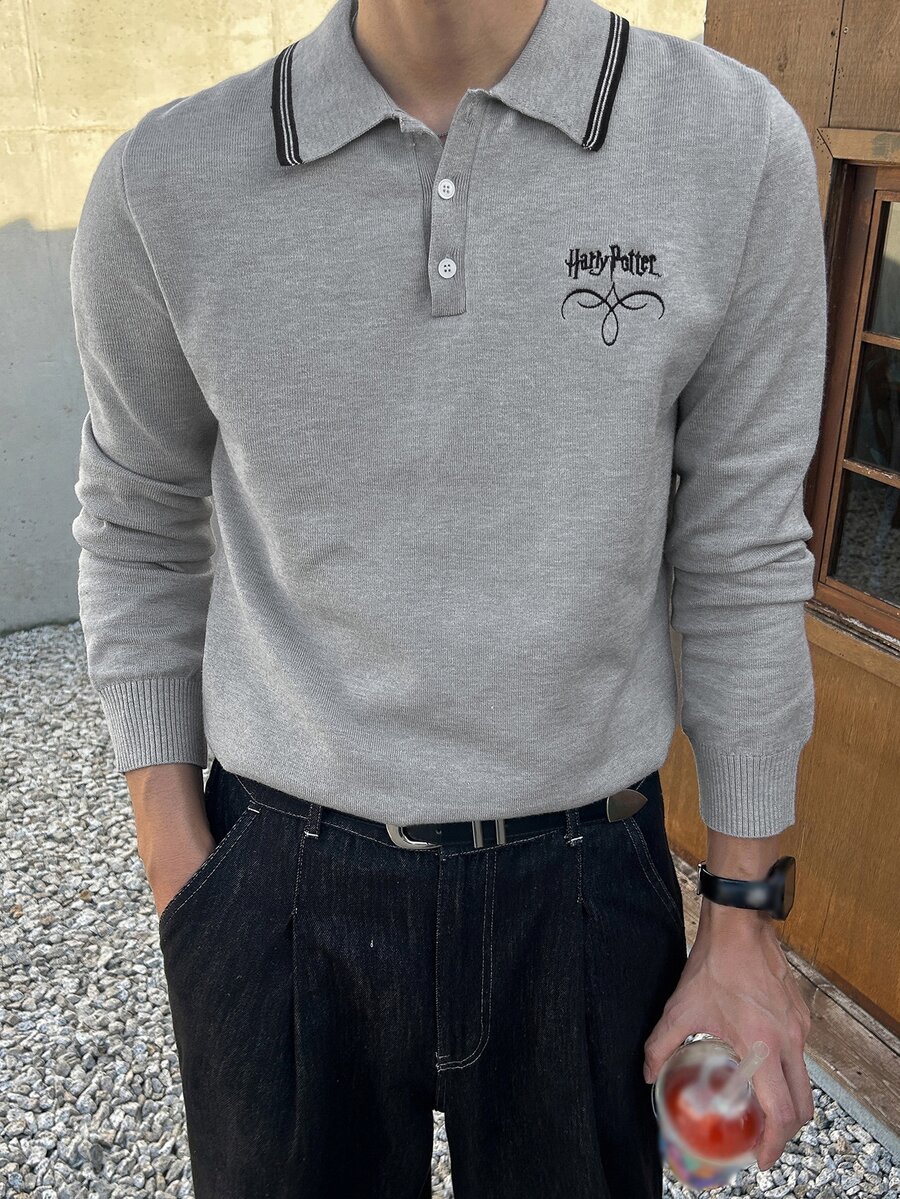 DAZY 灰色對比領 Polo 領提花下擺羅紋微鬆版型男士毛衣 - 灰色 - 查看 1