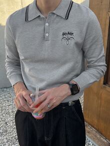 DAZY 灰色對比領 Polo 領提花下擺羅紋微鬆版型男士毛衣 - 灰色 - 查看 7