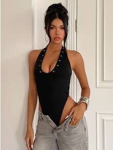 Aloruh Women's Solid Black Sexy Bandage Backless Halter Neck Bodysuit With Strappy Detail Club Night Out Summer - Black - View 4