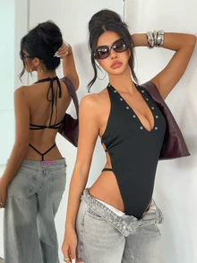 Aloruh Women's Solid Black Sexy Bandage Backless Halter Neck Bodysuit With Strappy Detail Club Night Out Summer - Black - View 6