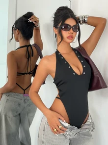 Aloruh Women's Solid Black Sexy Bandage Backless Halter Neck Bodysuit With Strappy Detail Club Night Out Summer - Black - View 2