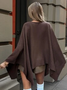 Aloruh كنزة نسائية أنيقة بلون موحد بتصميم كيب، خريف/شتاء، أنماط خريفية جديدة - بني - مشاهدة 2