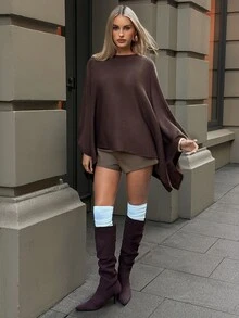 Aloruh كنزة نسائية أنيقة بلون موحد بتصميم كيب، خريف/شتاء، أنماط خريفية جديدة - بني - مشاهدة 6