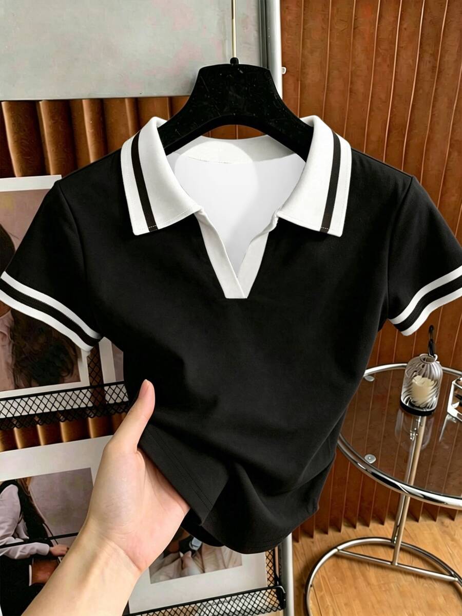 Resyla 女款夏季休閒上衣 收腰領口T恤 黑白條紋印花圖案 簡約百搭 通勤風 - 彩色 - 查看 1