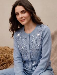 Anewsta Haze Blue Heavy-Duty Full-Sequin Knit Cardigan For Women, Soft Plush Round Neck Single-Breasted Long Sleeve Short Length Slimming Gentle Elegant Commute Outerwear Sweater Jacket Autumn/Winter - Blue - View 5