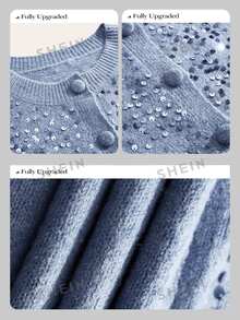 Anewsta Haze Blue Heavy-Duty Full-Sequin Knit Cardigan For Women, Soft Plush Round Neck Single-Breasted Long Sleeve Short Length Slimming Gentle Elegant Commute Outerwear Sweater Jacket Autumn/Winter - Blue - View 7