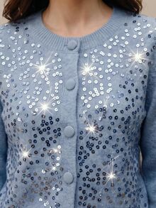 Anewsta Haze Blue Heavy-Duty Full-Sequin Knit Cardigan For Women, Soft Plush Round Neck Single-Breasted Long Sleeve Short Length Slimming Gentle Elegant Commute Outerwear Sweater Jacket Autumn/Winter - Blue - View 6
