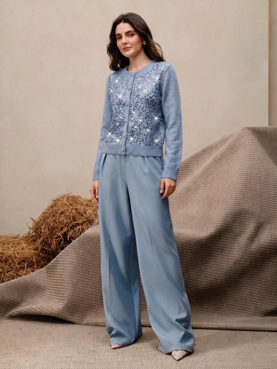 Anewsta Haze Blue Heavy-Duty Full-Sequin Knit Cardigan For Women, Soft Plush Round Neck Single-Breasted Long Sleeve Short Length Slimming Gentle Elegant Commute Outerwear Sweater Jacket Autumn/Winter