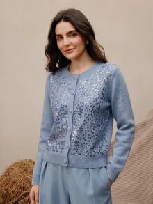 Anewsta Haze Blue Heavy-Duty Full-Sequin Knit Cardigan For Women, Soft Plush Round Neck Single-Breasted Long Sleeve Short Length Slimming Gentle Elegant Commute Outerwear Sweater Jacket Autumn/Winter - Blue - View 8