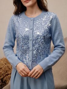 Anewsta Haze Blue Heavy-Duty Full-Sequin Knit Cardigan For Women, Soft Plush Round Neck Single-Breasted Long Sleeve Short Length Slimming Gentle Elegant Commute Outerwear Sweater Jacket Autumn/Winter - Blue - View 4