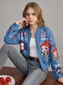 SHEIN Sparklyn 青少年女孩灰色卡通印花牛仔效果短版拉鍊棒球夾克，Y2K可愛K-Pop街頭風秋季外套 - 藍色 - 查看 1