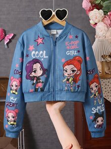 SHEIN Sparklyn 青少年女孩灰色卡通印花牛仔效果短版拉鍊棒球夾克，Y2K可愛K-Pop街頭風秋季外套 - 藍色 - 查看 6